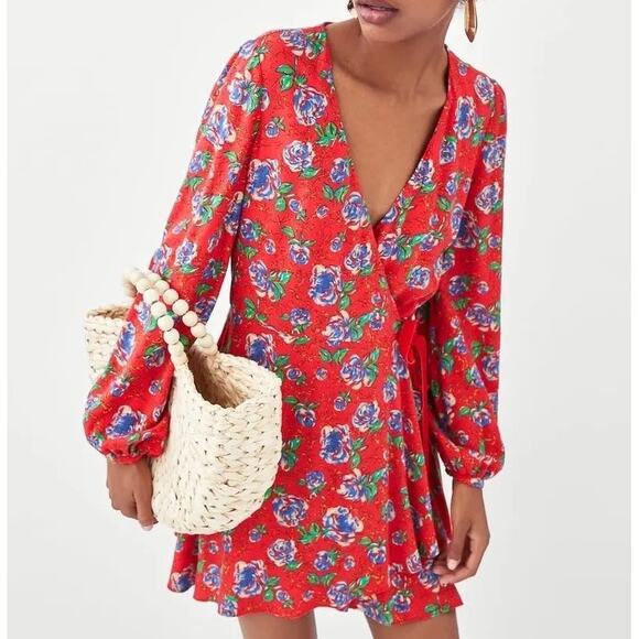 Zara | Red Floral Print Long Sleeve V-neck Crossover Mini Romper Dress - Picture 13 of 13